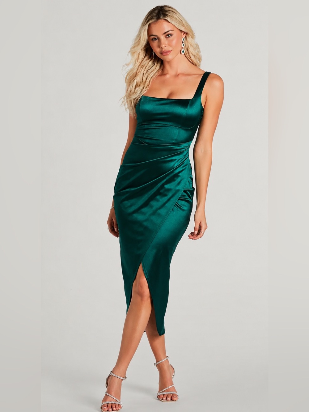 Windsor Emerald Satin Square-Neck Midi Dress